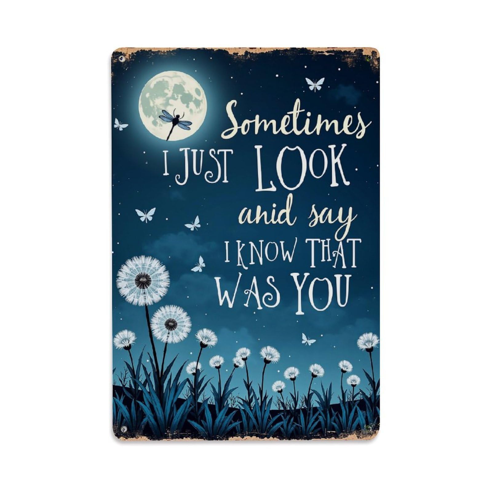 Jdfenggu Vintage Moonlight Dandelions Butterflies Night Sky Retro Metal Tin Sign, Decor Art Poster For Bar, Home, Man Cave, Kitchen, Laundry Room Gift 8X12inch