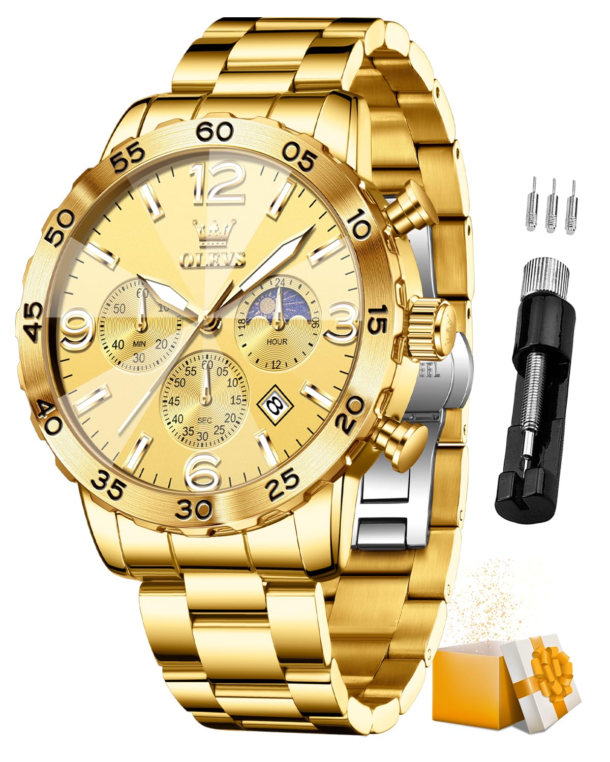 OLEVS Mens Watch Original Chronograph 44mm Big Dial Easy Read Analog Quartz Watch for Man Stainless Steel Waterproof Business Dress Watches