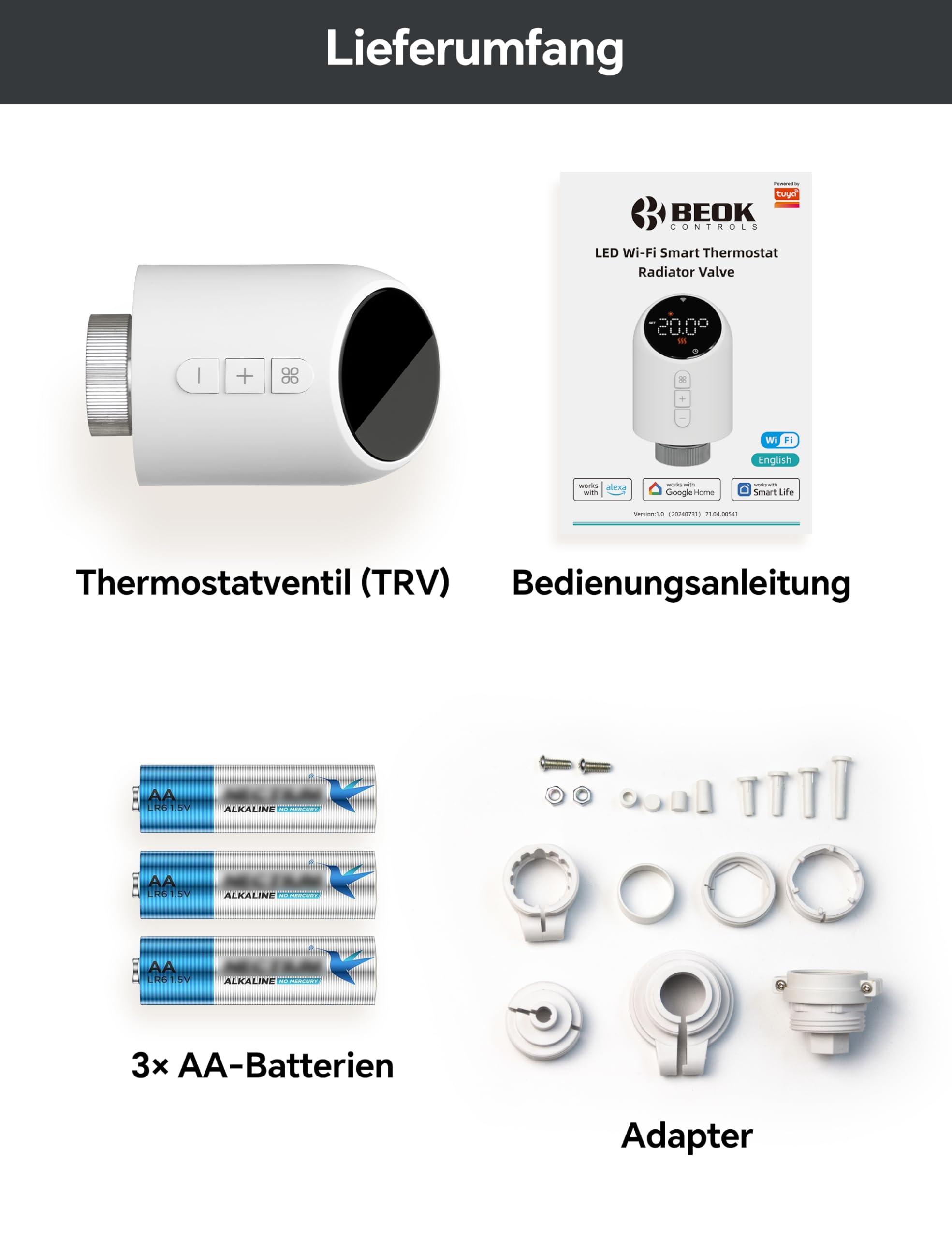 Heizkörperthermostat WLAN, Beok Thermostat Heizung Smart Thermostatkopf WiFi Heizungsthermostat Heizungsregler Digital Steuerung Per Tuya App, Google Assistant & Alexa, Batteriebetrieb
