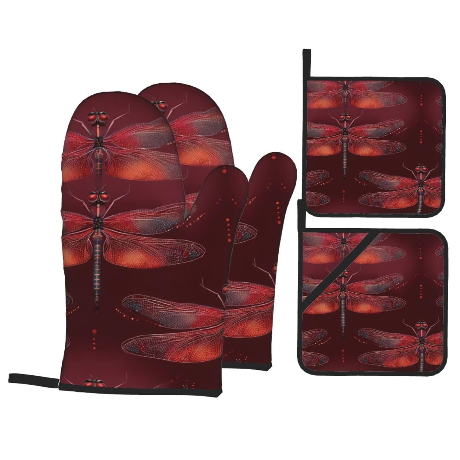 HJFCZH Abstract Red Dragonfly Picture Kitchen Baking Set of 4 Thick Insulated Oven Mitt & Pot Holders, Anti-Scalding for Microwave, Oven, Outdoor BBQ