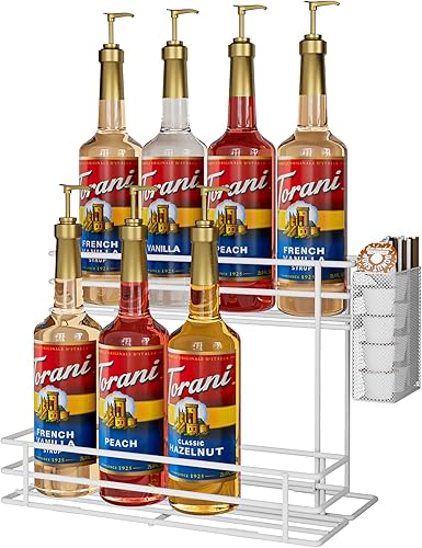 OVICAR Organizador de jarabe de café, soporte para 8 botellas de jarabe para cafetería, bar, estación de café, accesorios con cesta de cápsula de