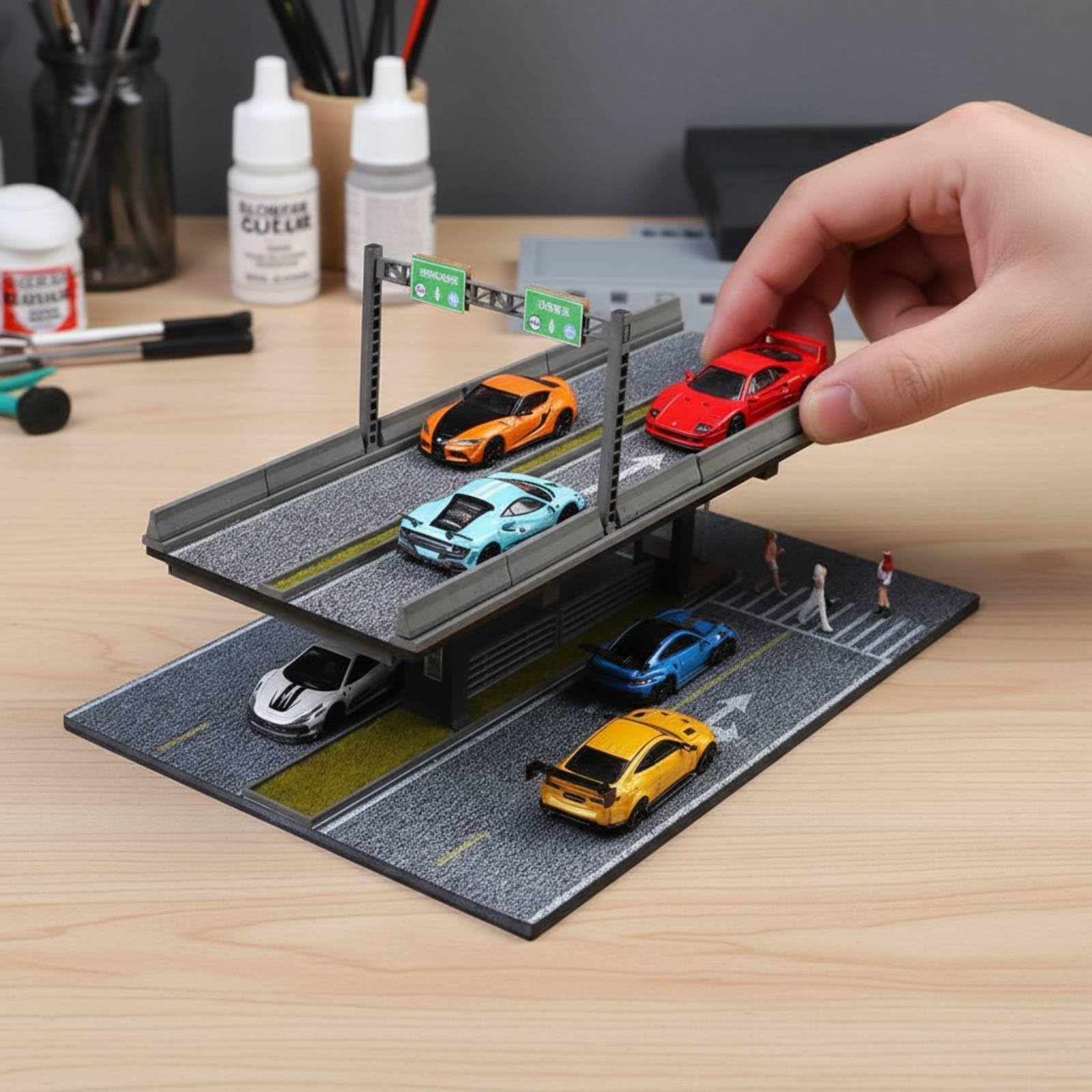 Mini Escena de Puente Diorama Maqueta Base Expositor con Señalización Barandillas y Estructuras en PVC y para Mostrar Tráfico y Estacionamiento a