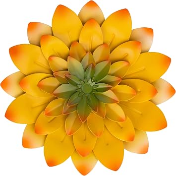Everydecor Succulent Metal Flowers Wall Decor Yellow, Hand Painted, 3D Flower Art Decoration for Living Room, Bedroom, Kitchen, Bathroom - Floral Decor for Indoor & Outdoor Use