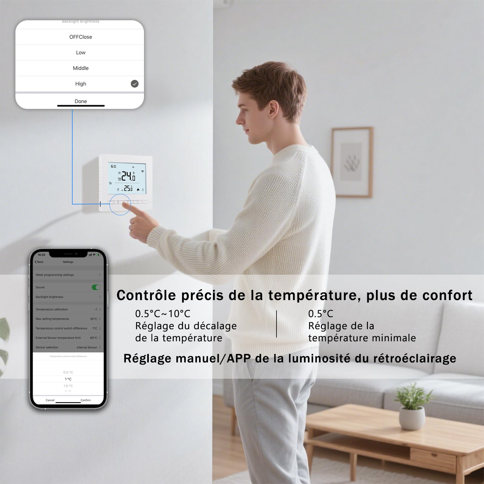 Thermostat Connecté WiFi pour Chauffage de Chaudière Programmable Thermostats d'Ambiance avec LCD Numérique Intelligent Tuya Thermostate de Chauffage à gaz pour Alexa,Google Home,3A Blanc