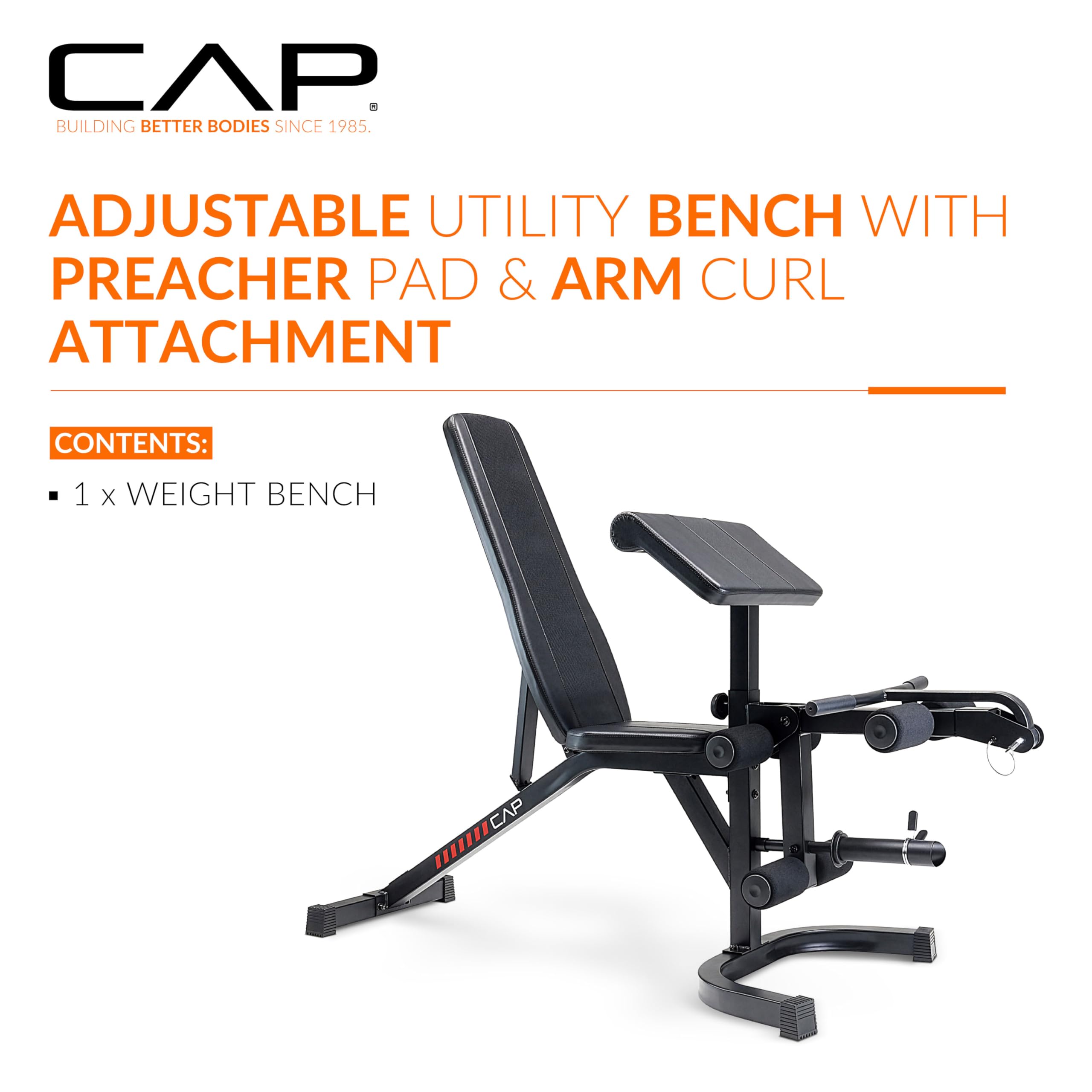 Adjustable Utility Weight Bench with Preacher Pad, Arm Curl Attachment, and Leg Developer for Full Body Strength Training