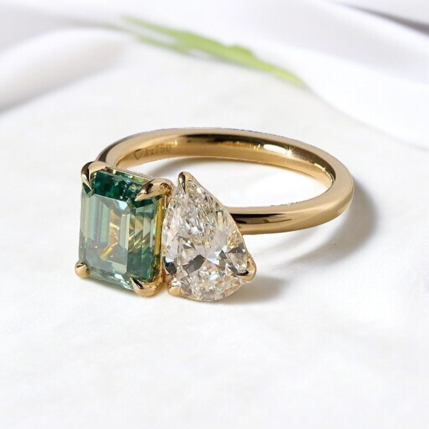 Luxury Two-Stone Engagement Ring Green Moissanite Octagon and Pear Cut 14K Yellow Gold plated Silver Ring Christmas Gift