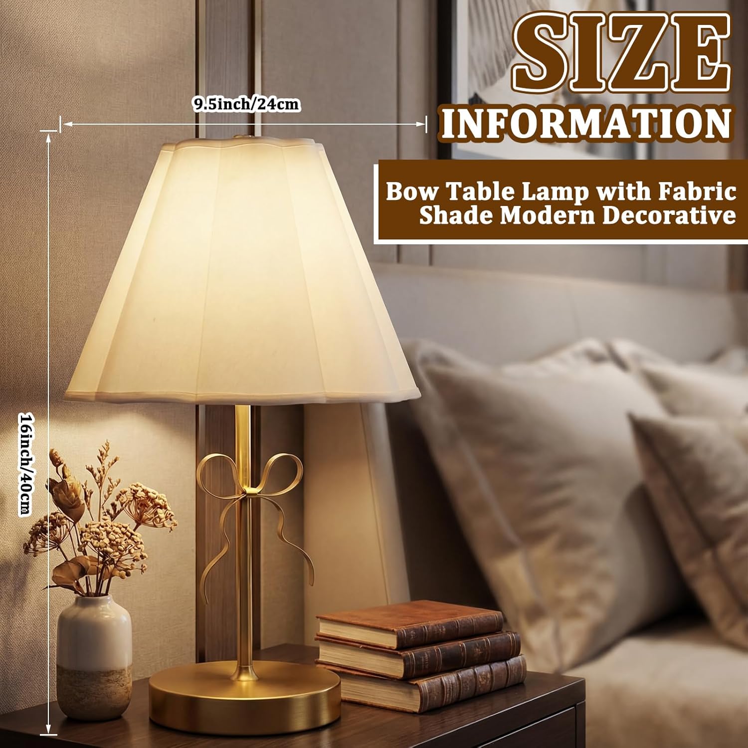 Gold Bow Table Lamp for Girls Room 16 Inch Large Coquette Bow Table Lamp with Scalloped Fabric Shade Modern Decorative Desk Light for Nightstand Living Room Nursery Bedroom
