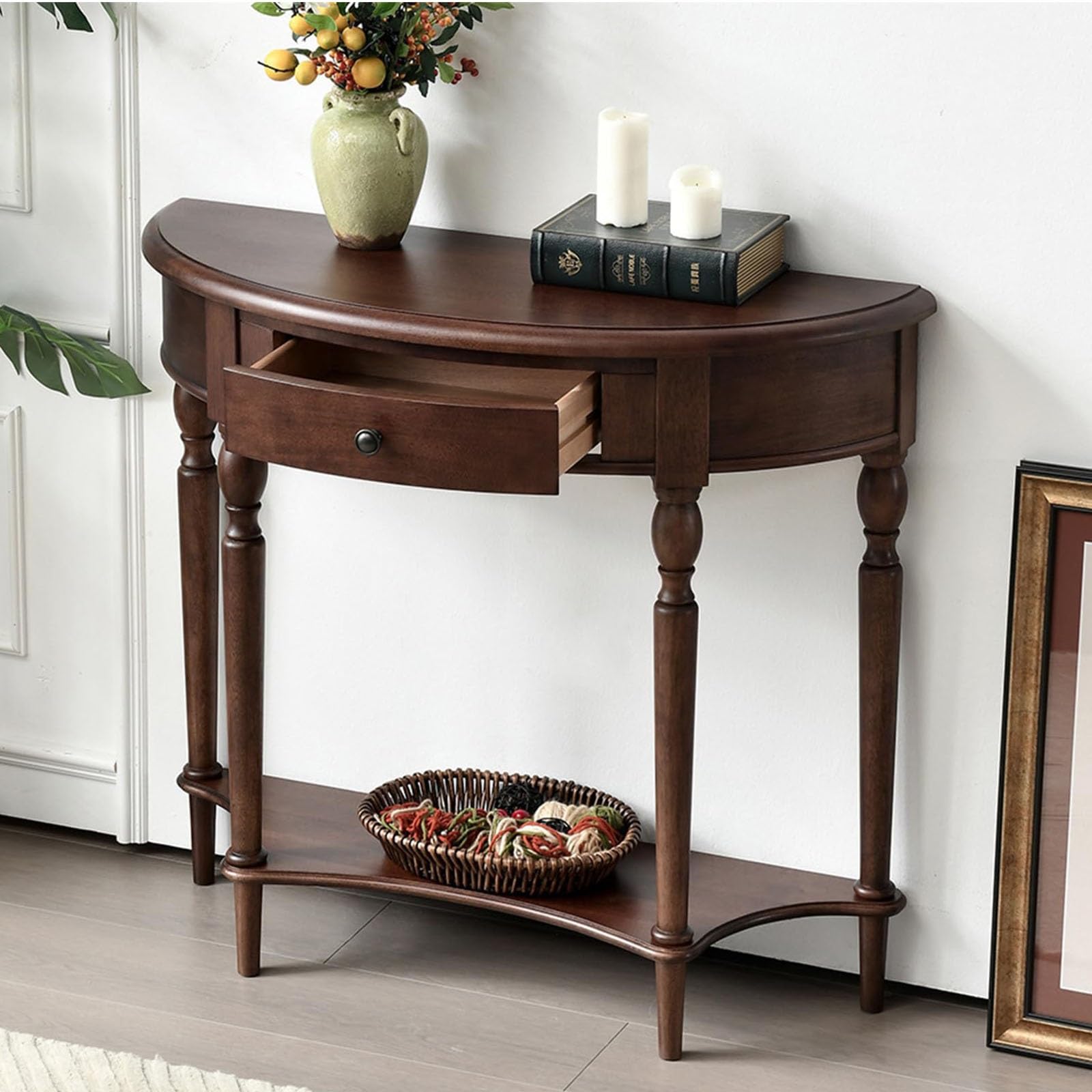 Consola de madera maciza de dos niveles con cajón mesa de entrada media luna