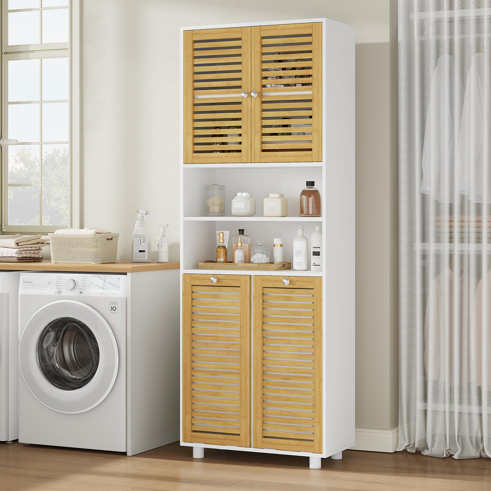 Badezimmerschrank mit Wäschekörbe, Badschrank mit 3 offenen Fächern und 2 Wäscheboxen, herausnehmbarer Wäschesack mit Griffen, Badezimmer Hochschrank mit verstellbare Ablage, 60 x 28 x 170 cm