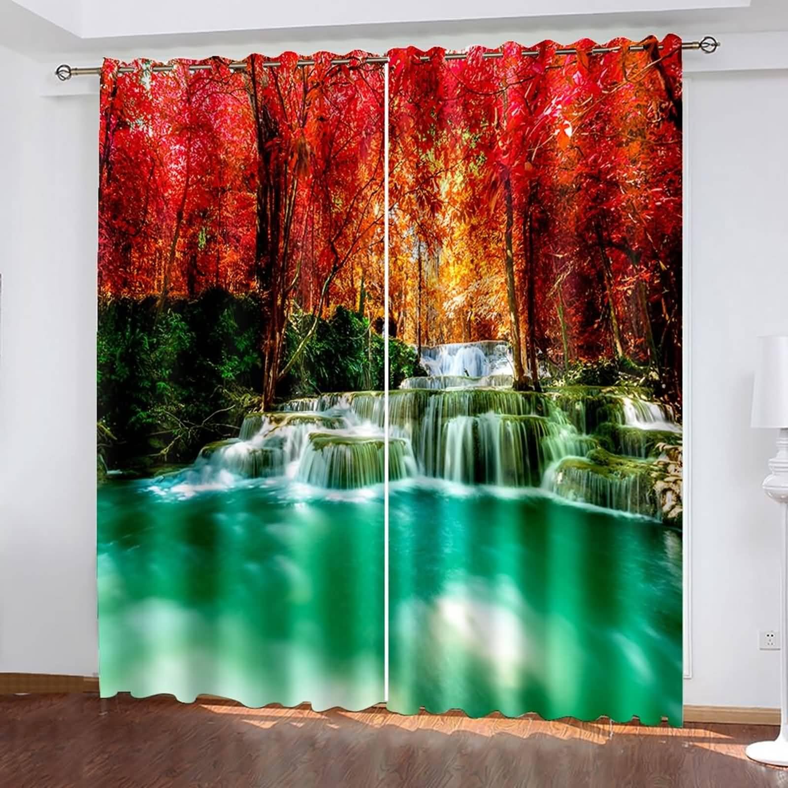 Küchenvorhänge Landhausstil, 244x214cm Orange Grün Herbstbäume und Bach Vorhang für Schlafzimmer und Wohnzimmer