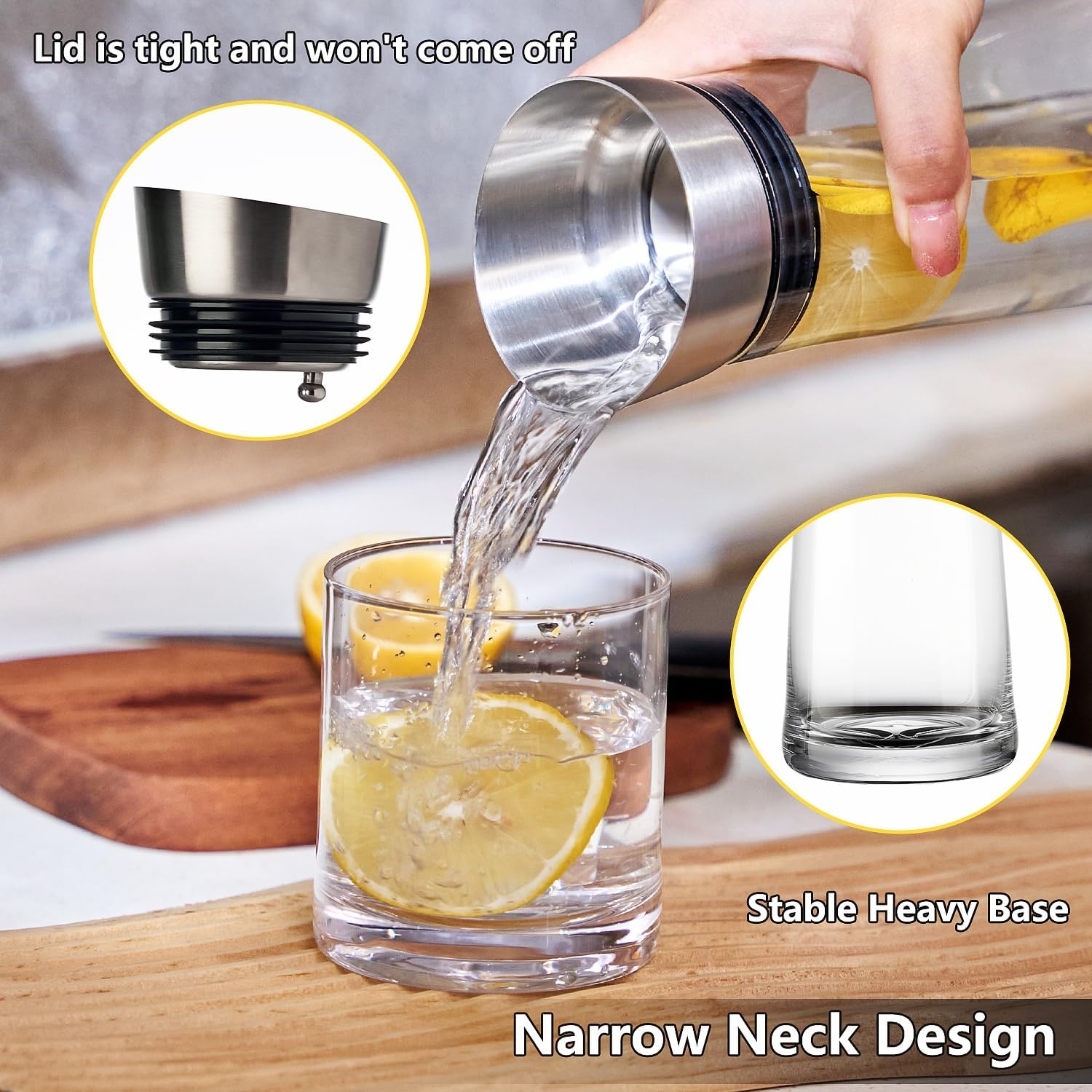 GLASKEY Glass Water Carafe with Lid,1200ml Glass Juice Pitcher with Stainless Steel Gravity Lid,Clear Water Pitcher for Ice Tea, Lemonade, Coffee,Juice Beverage,40 oz - Image 3