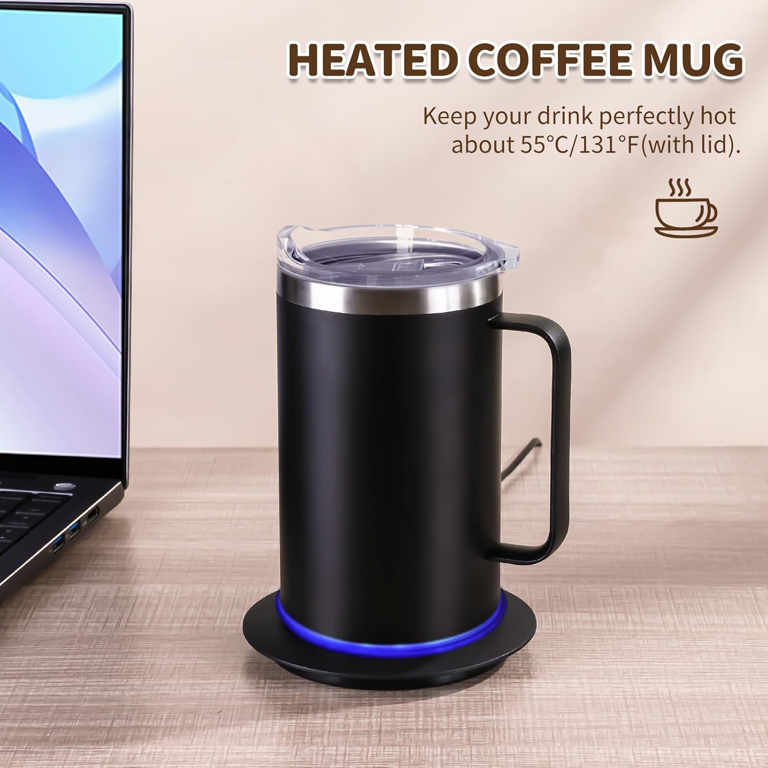 Smart Temperature Control Coffee Mug for Desk,Heated Cup with 10Hrs Auto Shut Off, USB Powered Mug Warmer Set (17oz-Black)