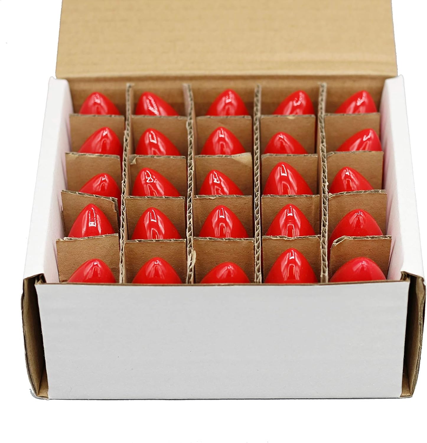 Creative Hobbies® Box of 25 Light Bulbs, Ceramic Opaque Red, Steady Burning, 7 Watt Incandescent, C7 Candelabra Base - Great for Christmas Strings and Decorative Lights