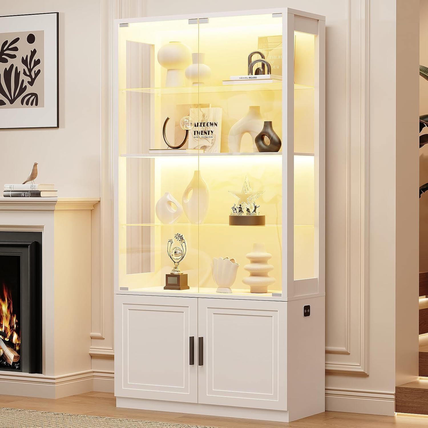 BROTTAR 170 cm Vitrine mit Glastüren, 4-stöckige Vitrine mit 2 herausnehmbaren Glasböden, Vitrine für Sammlerstücke, schwarz, weiß