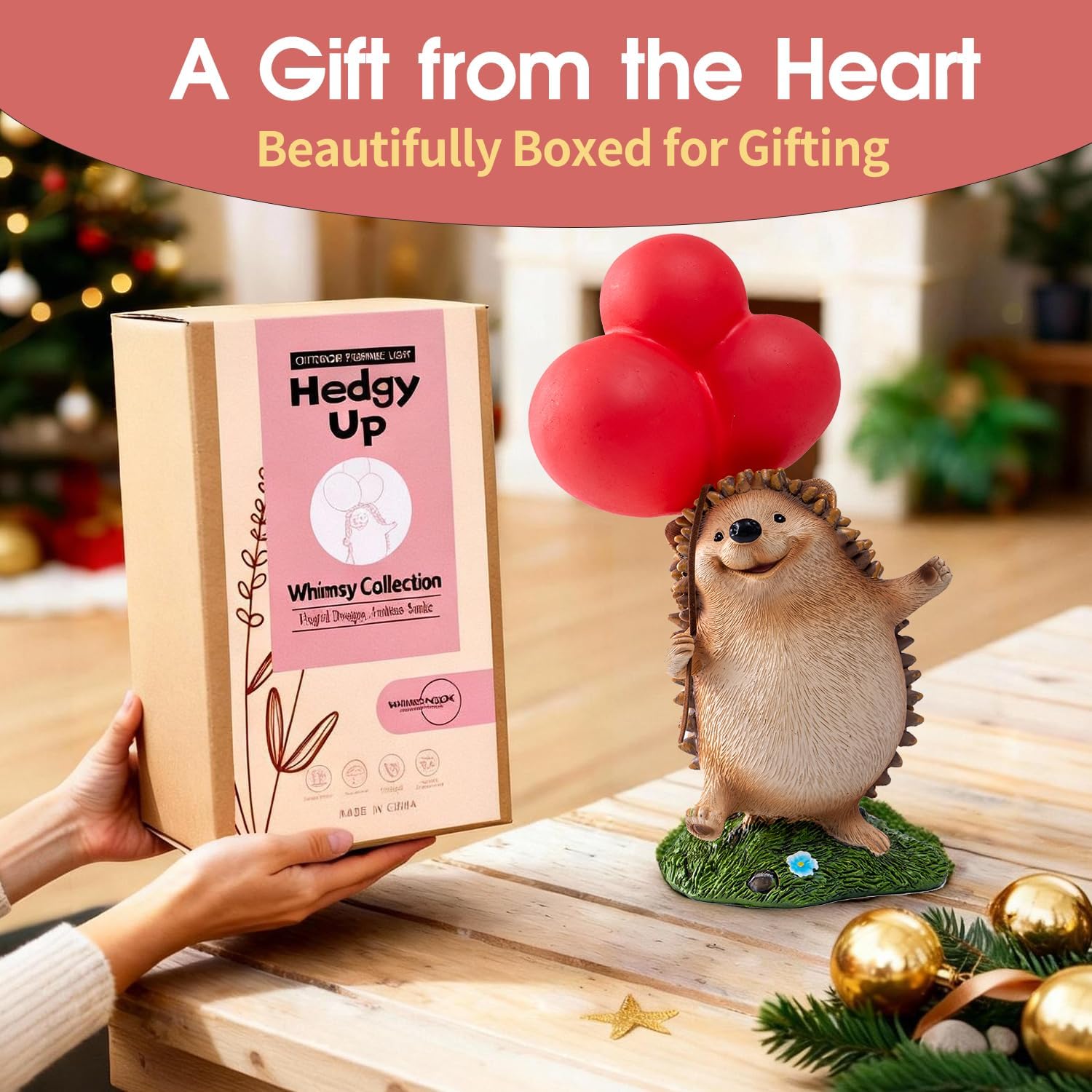 WHIMSYNOOK Hedgehog Figurine with Balloon – Solar LED Garden Statue & Whimsical Gift Décor, 10.4" Resin Cute Animal Light for Porch, Lawn, Yard, Housewarming, or Birthday