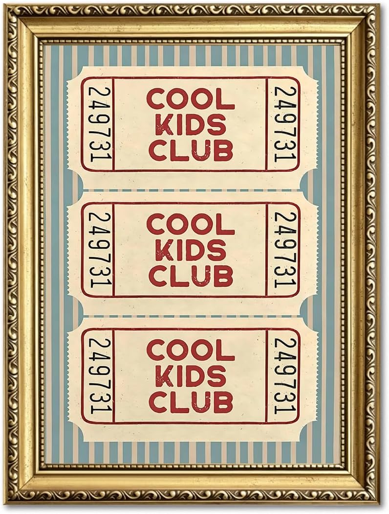 Vintage Cool Kids Club Wall Art Retro Ticket Kids Quote Wall Decor Picture Preppy Blue Striped Sign Poster Canvas Painting Print for Playroom Bedroom Nursery 12x16 inch Gold Framed