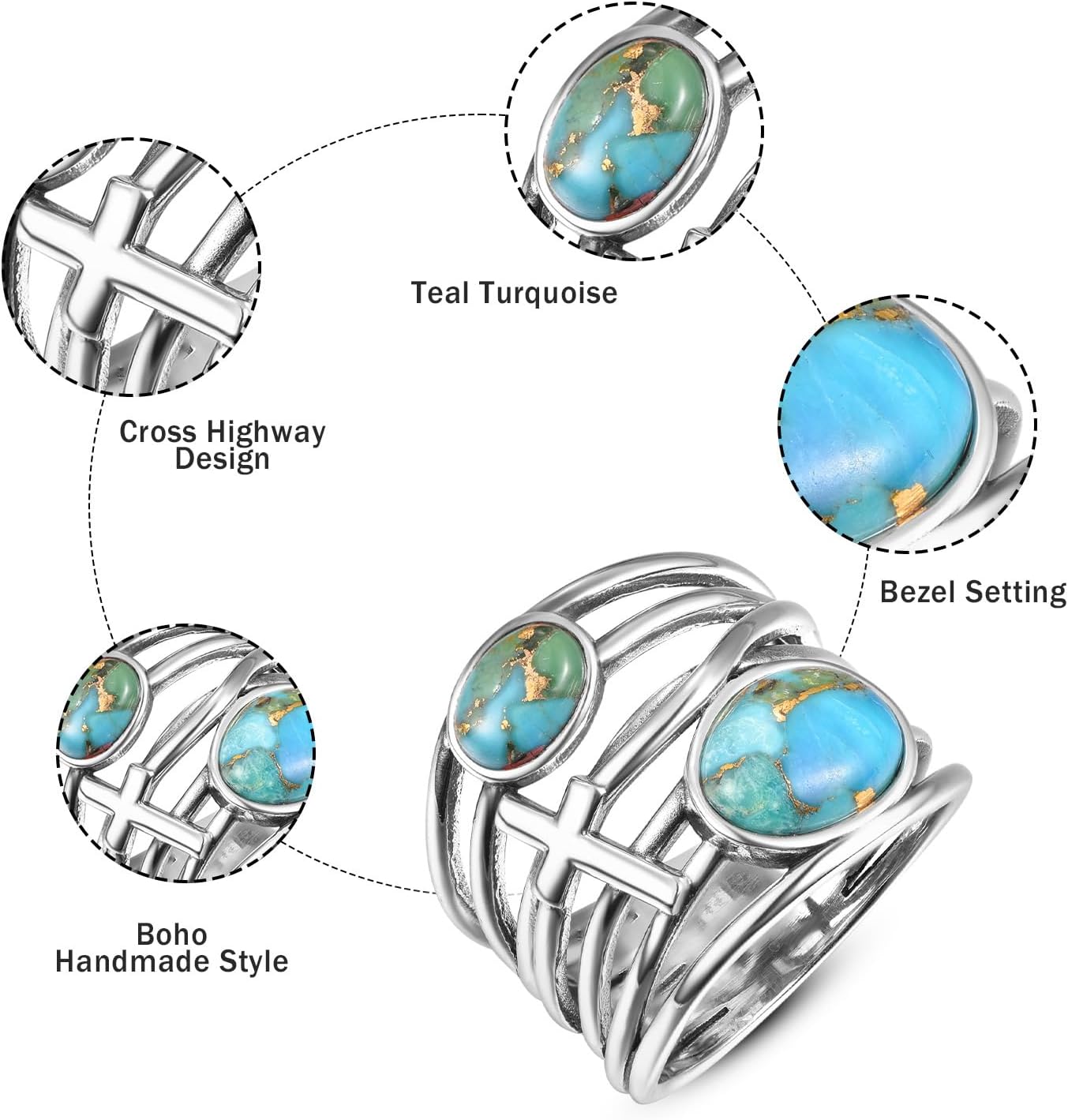 Turquoise Rings for Women, Silver Turquoise Engagement Ring with Cross, Handmade Statement Band Jewelry Gift, Size 6-9