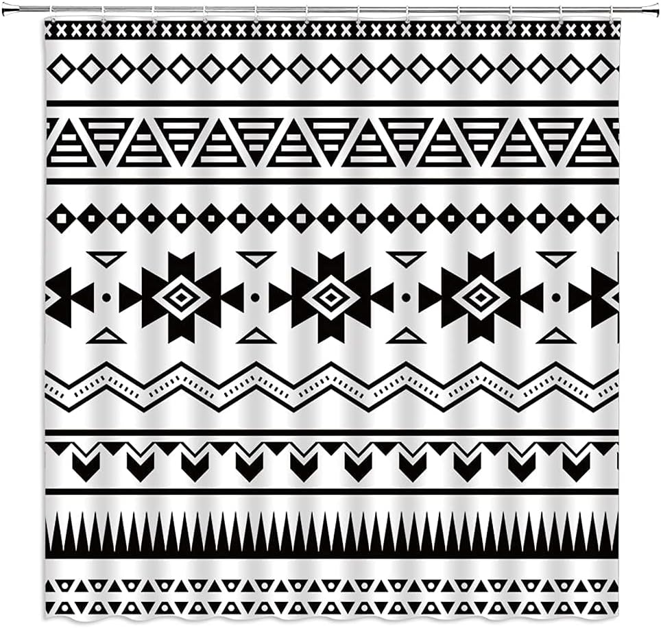 Aztec Shower Curtain Southwestern Abstract Black White Geometric Tribal Native Navajo Ethnic Vintage Triangle Southwest Retro Fabric Bathroom with Hooks,70x96Inch,White Black