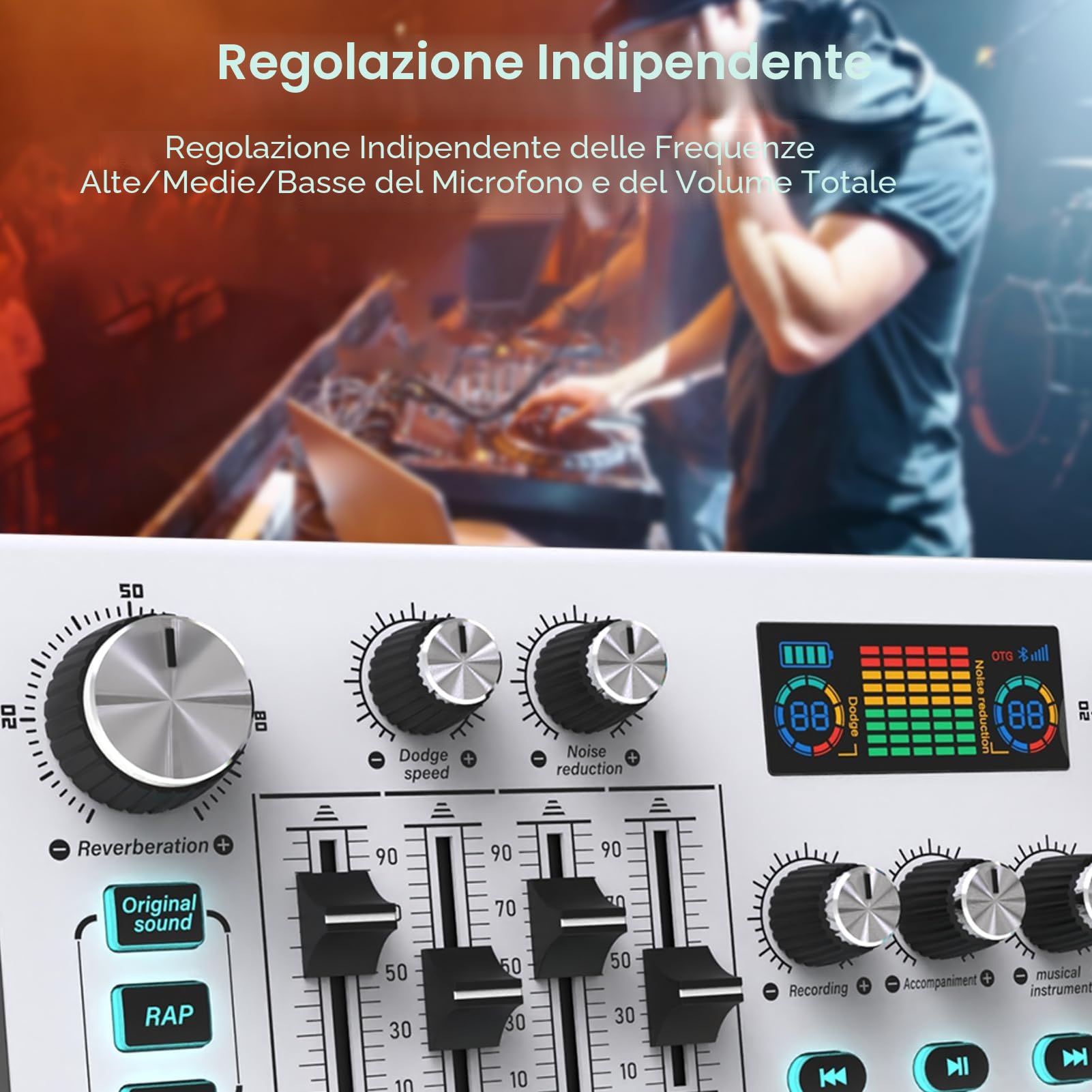 Docooler Scheda audio live esterna, scheda audio per mixer, per live streaming, registrazione musicale, karaoke, canto, gaming, 16 velocità di commutazione, 12 effetti speciali, 4 effetti