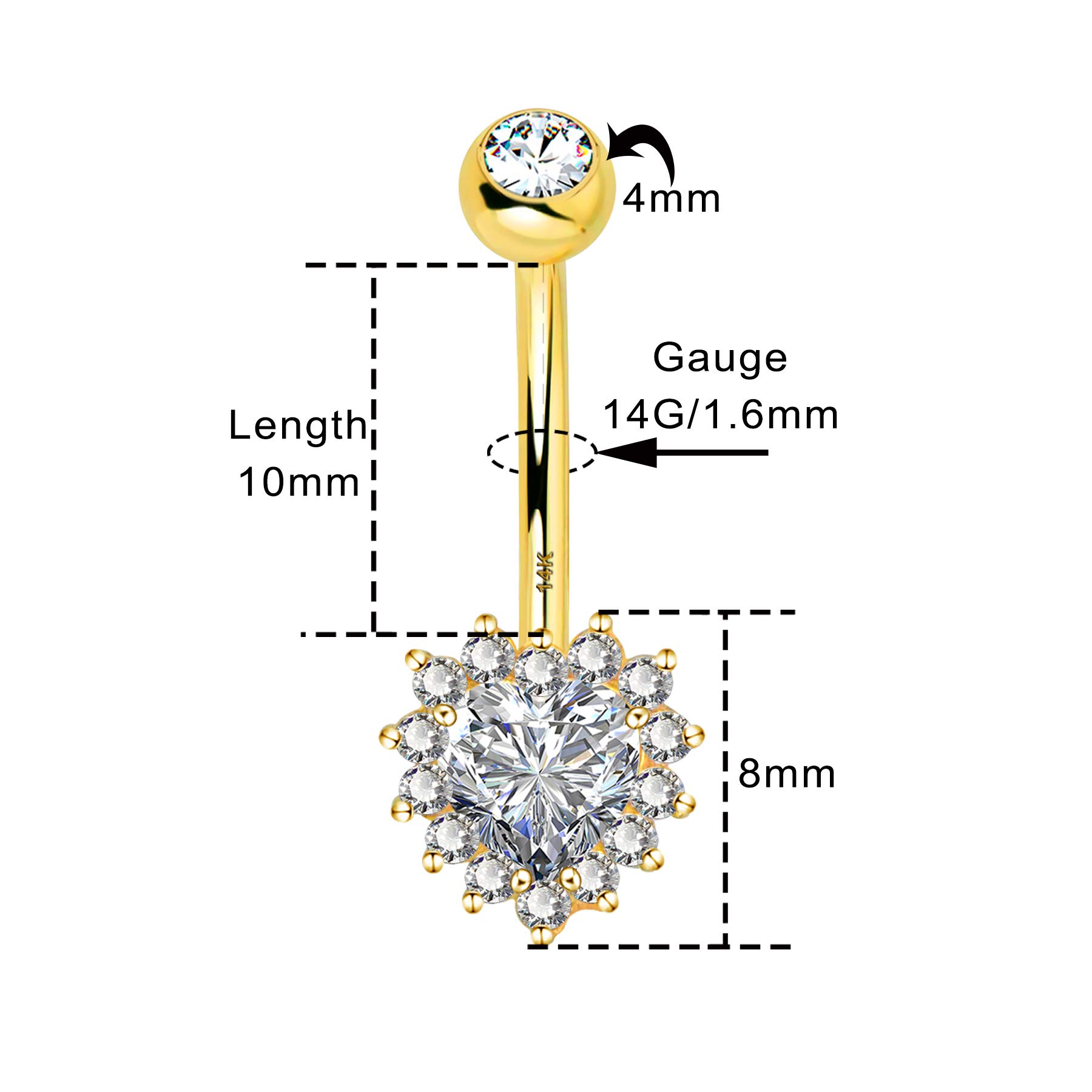 Melighting 16G Anillo en el ombligo, Oro amarillo de 14 quilates Piercings Vientre, Navel Bars, Belly Piercing Bar, Piercings en el Ombligo