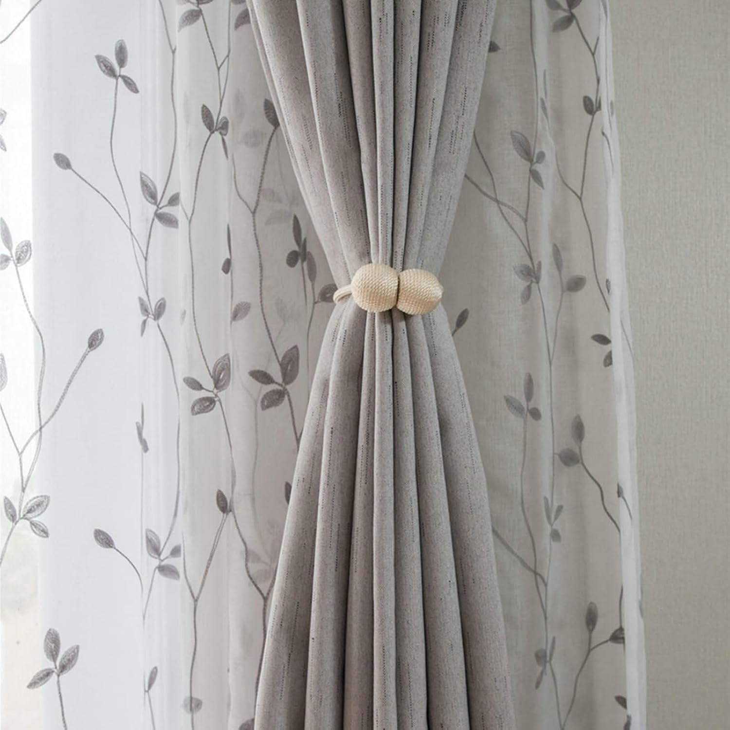 Daesar Bedroom Curtains 2 Panel Sets, Cotton Linen Hook Transparent Curtains 42" W x 63" H Drapes Embroidered Leaves Branches Light Grey Tulle Curtains for Living Room