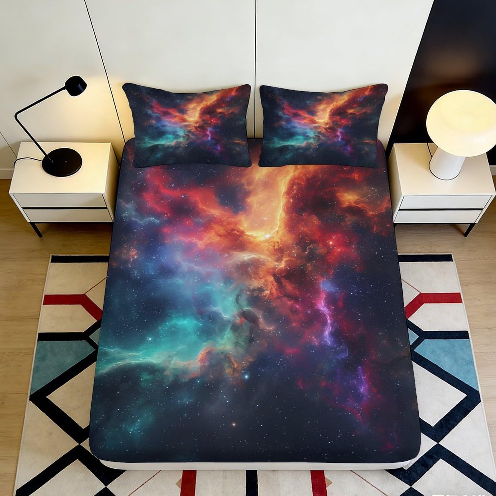 3D Printed Galaxy Pattern Fitted Sheet Microfiber Deep Pocket Non-Slip Bedroom Bedding Nebula Mattress Fitted Cover Washable 200x200x25cm 90x200x25cm