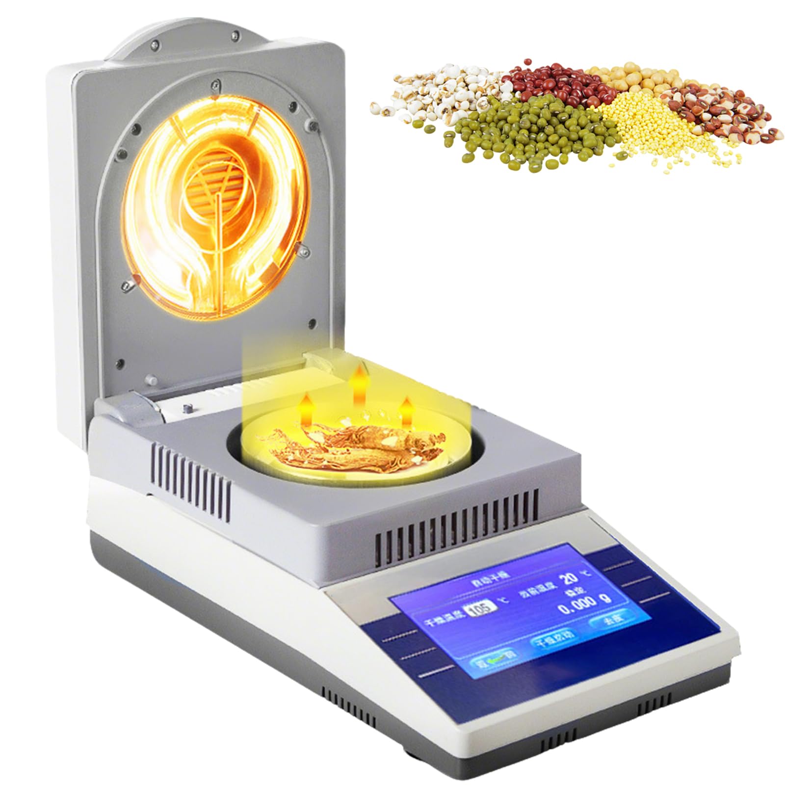 Analizador de humedad, probador de humedad digital con pantalla LCD de 5 pulgadas, 2 modos de secado, calentamiento rápido de 60-160 °C, temporizador de 1 a 99 minutos, medición de laboratorio para
