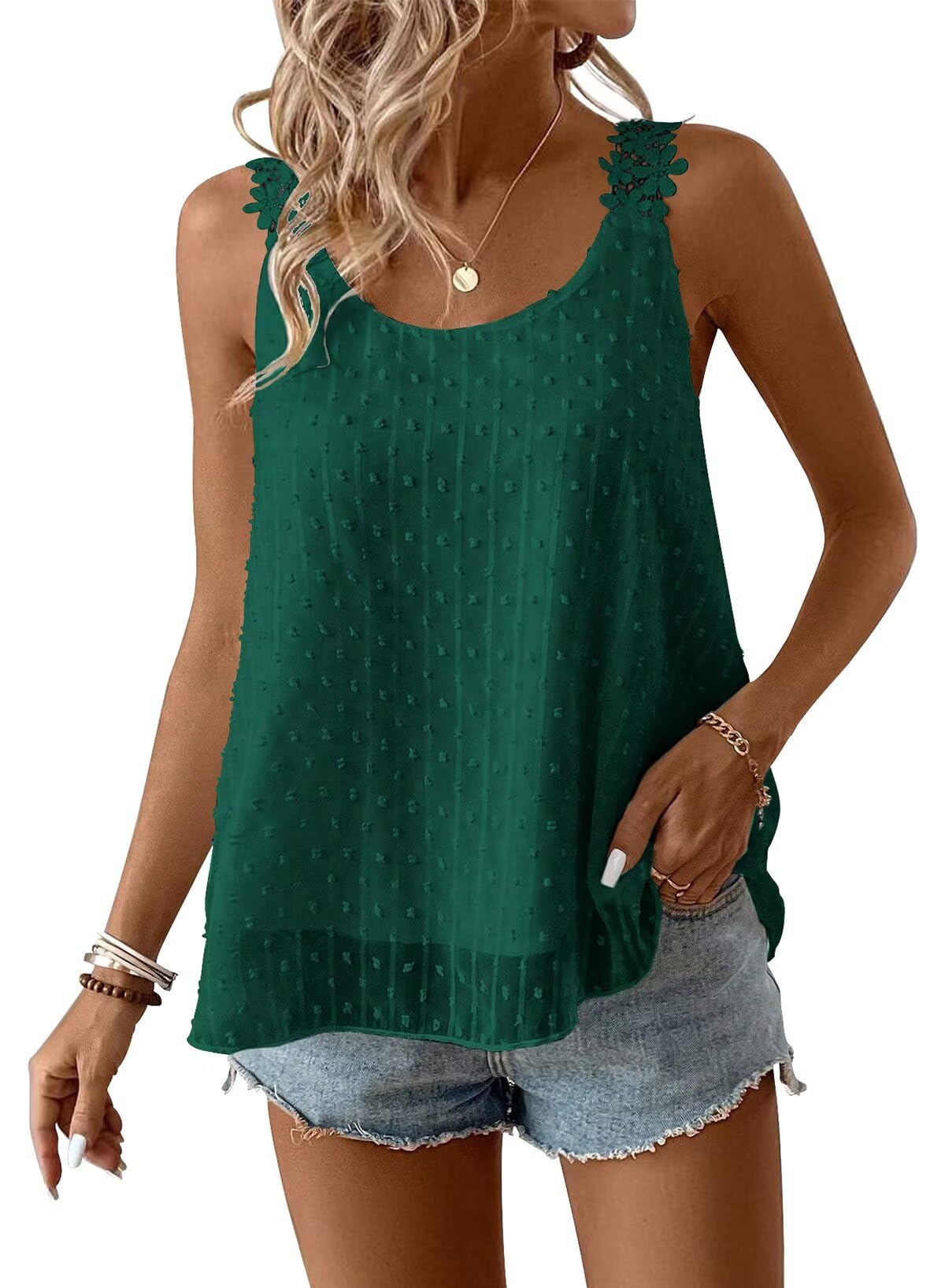 TUUHAW Tank Top Damen Ärmellose Bluse Boho Oberteile Rundhals Camisole | Elegant Blumen T Shirt, Spaghetti Top Damen, Swiss Dot, Süß Lässig Westen, Basic für Alltag, Büro und Freizeit, Ausgehen