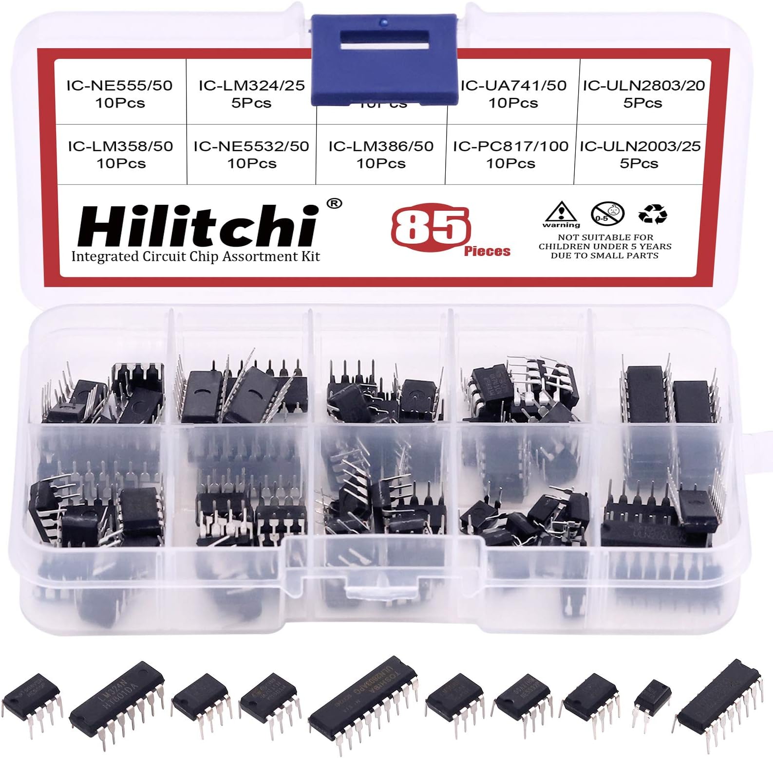 Hilitchi10Values Integrated Circuit Chip Assortment Kit opamp, Single Precision Timer, pwm LM324 LM358 LM386 LM393 UA741 NE5532 NE555 PC817 ULN2003 ULN2803 (85)