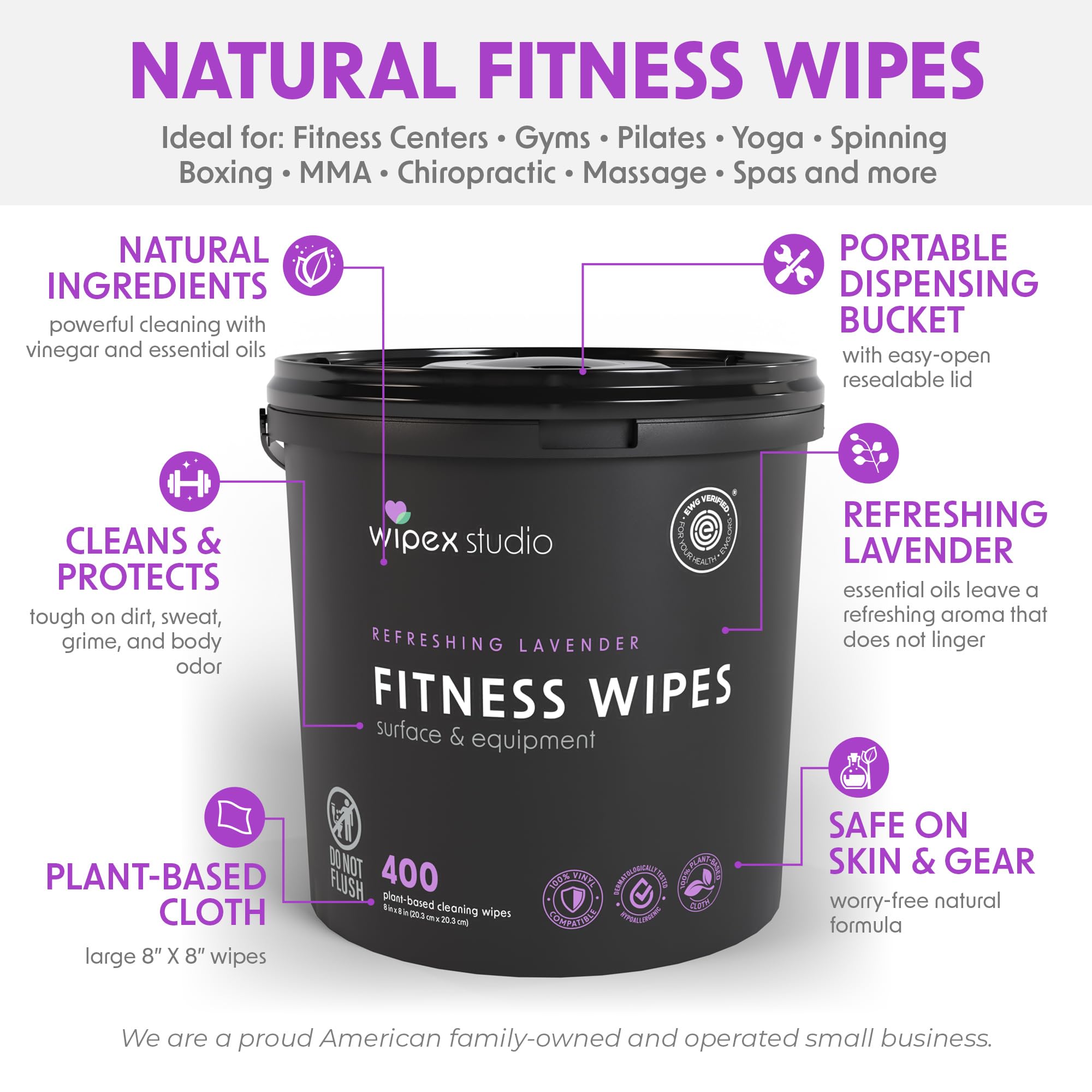 Wipex Gym Wipes for Equipment Bundle - Get 2 Bucket (1) Lavender & (1) Sanitizing BZK Plant-Based Fitness Equipment Wipes, Clean Surfaces & Mats, Safe Gym Cleaner & Peloton Wipes, 400 Ct (Pack of 2)