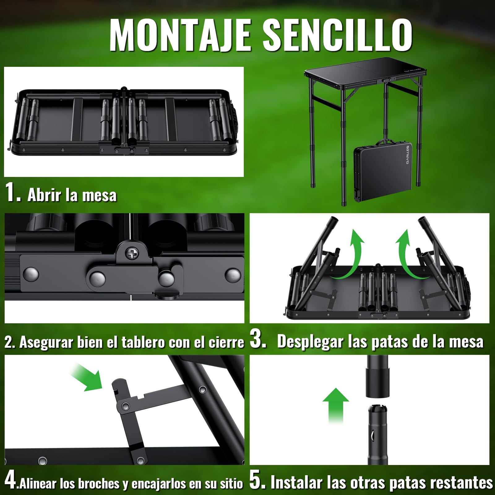 GARLLEN Mesa Plegable de Camping, ABS y Aleación de Aluminio, 58x40 cm, 3 Alturas Ajustables, Ligera y Compacta, para Barbacoa, Picnic y Trabajo