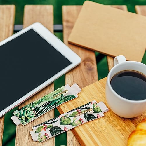 Miniatura 6 de Qilery 6 soportes para bolígrafos con banda elástica para cuaderno, hojas de cactus, minimalista, de piel sintética, funda ajustable para bolígrafos