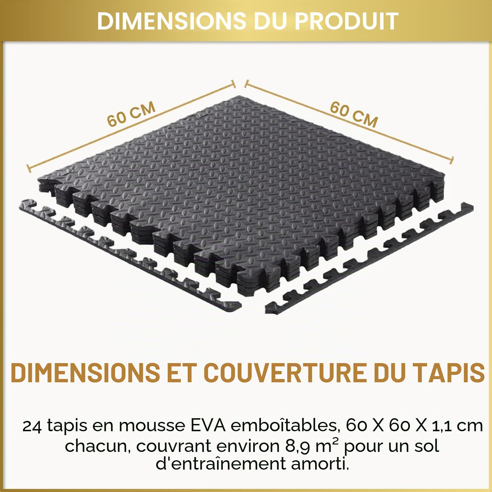 Lot de 24 dalles de sol emboîtables en EVA - Coussin en caoutchouc antidérapant pour entraînement à la maison - Tapis de yoga - 60 x 60 cm - Noir