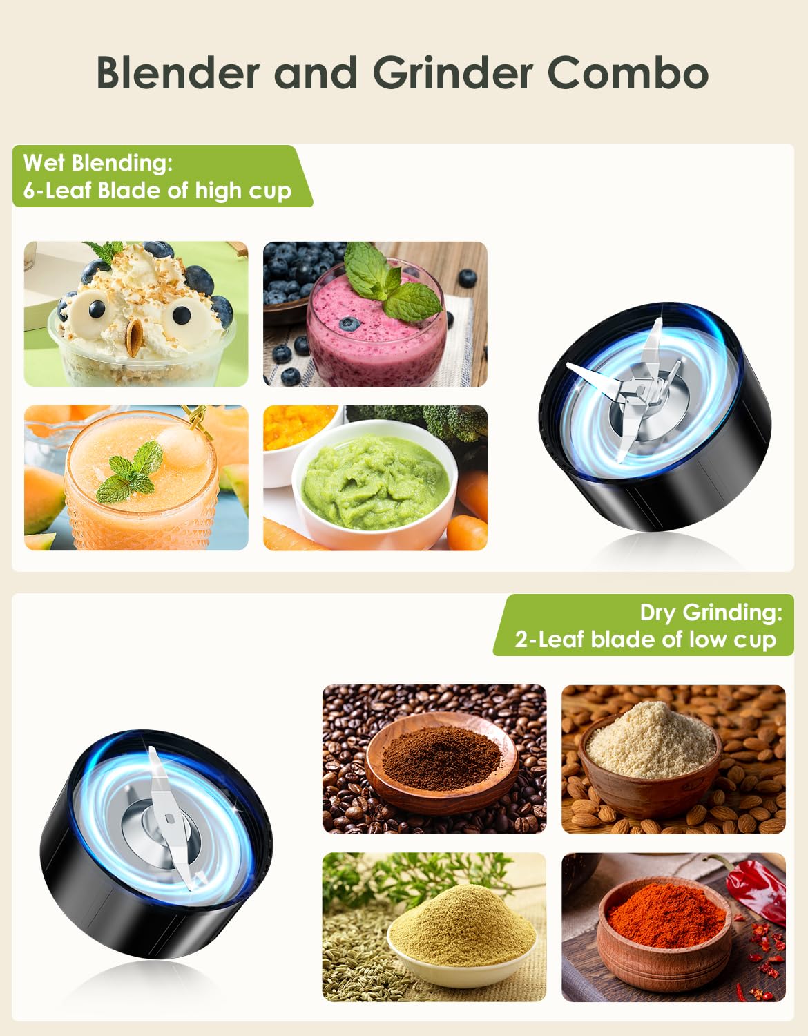 Batidora de batidos, licuadora personal de 1100 W para batidos y batidos, licuadoras y molinillo combinado para cocina con 2 tazas para llevar de 22 onzas y tapa para batido de proteínas, 3