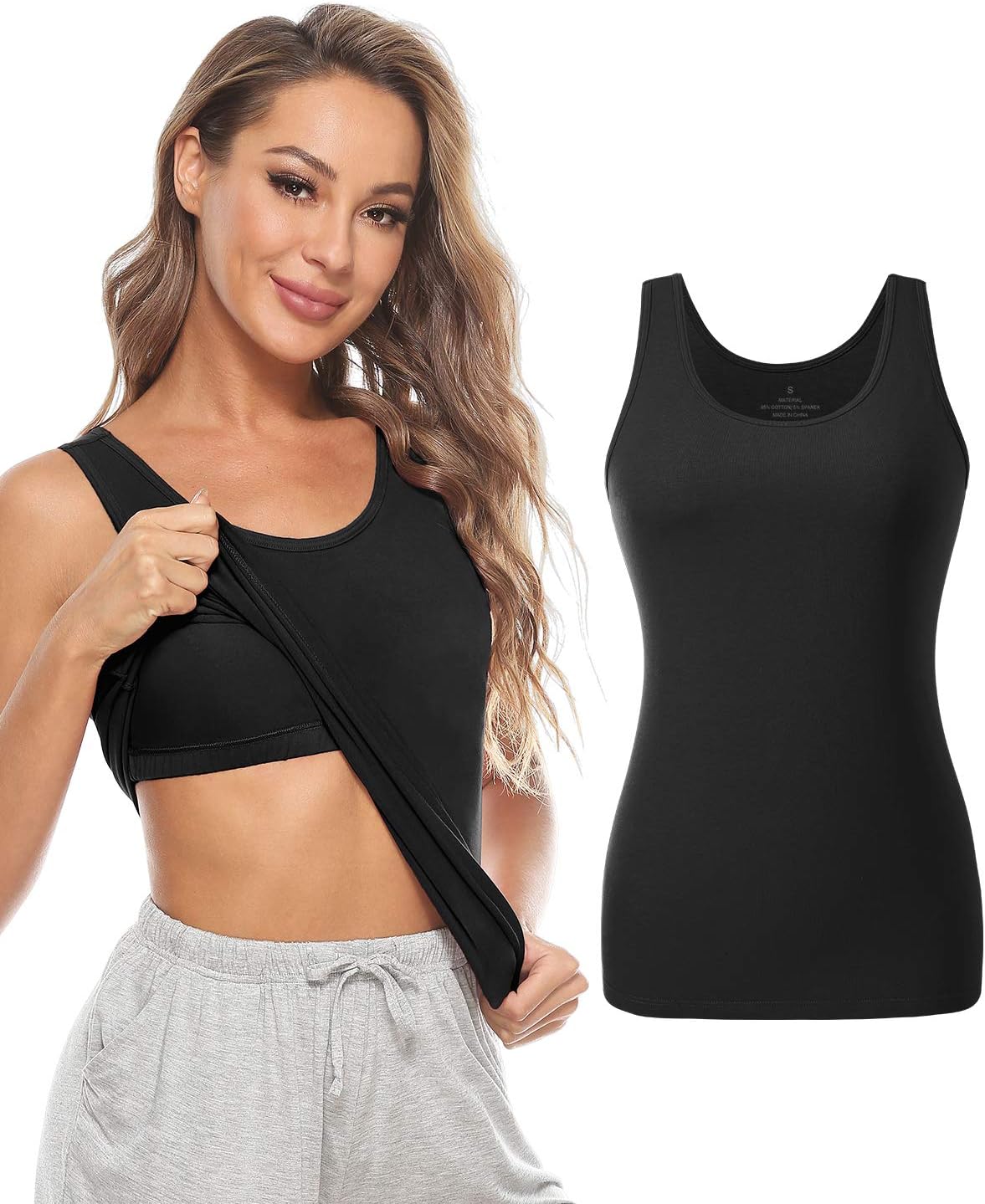 Vislivin Cotton Tank Tops with Shelf Bra for Women Stretch Tanks Wide Strap Undershirts - Image 2