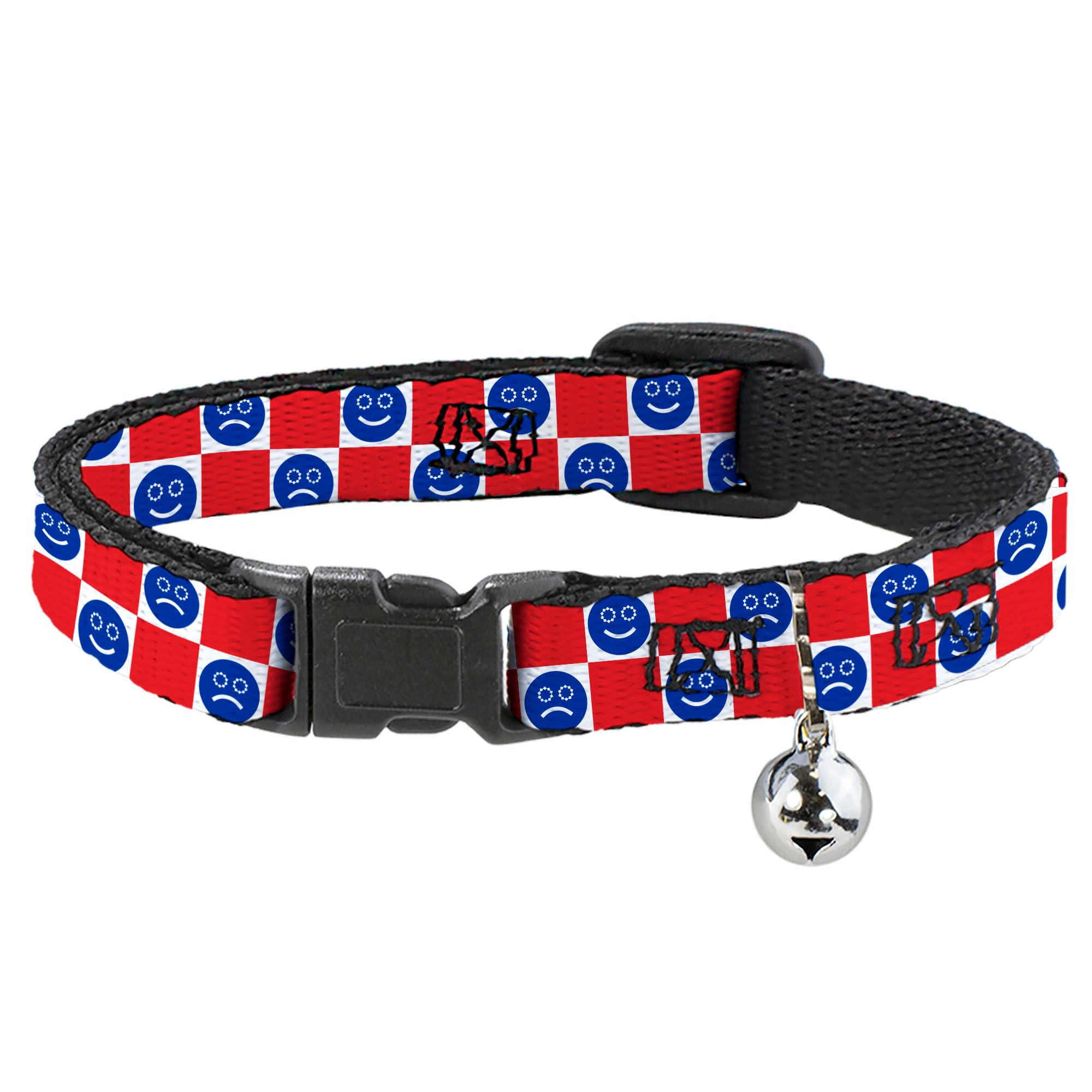 Buckle-Down Cat Collar, Breakaway Collar with Bell, Smiley Sad Face Checker Red White Blue, 8.5 to 12 Inches 0.5 Inch Wide