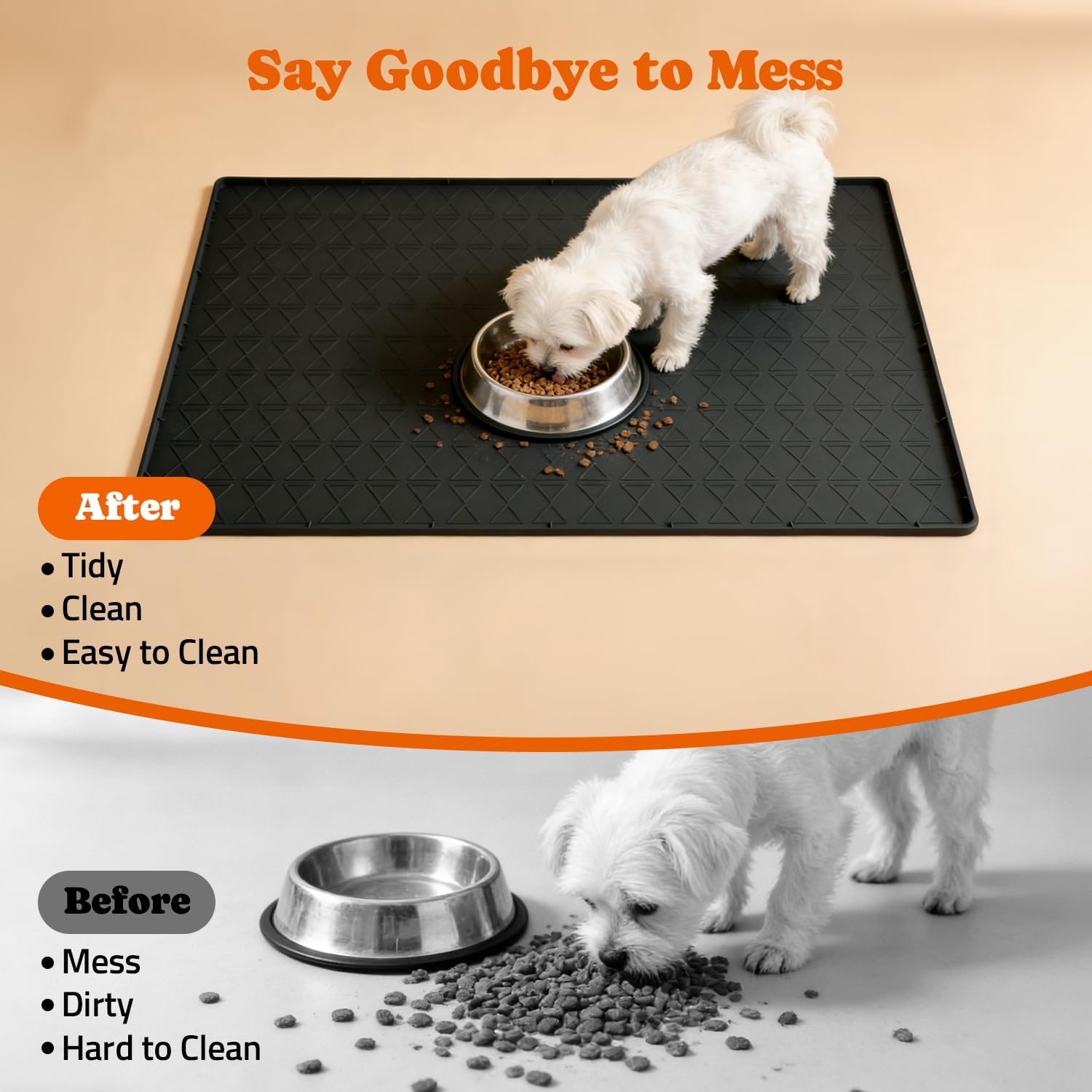 Large Silicone Dog Food Mat with Raised Edge, Waterproof Non-Slip Pet Feeding Mat for Floors, Dog Bowl Mat for Food and Water, Spill Proof Cat & Dog Feeding Placemat, Easy Clean, 34 x 22, Black