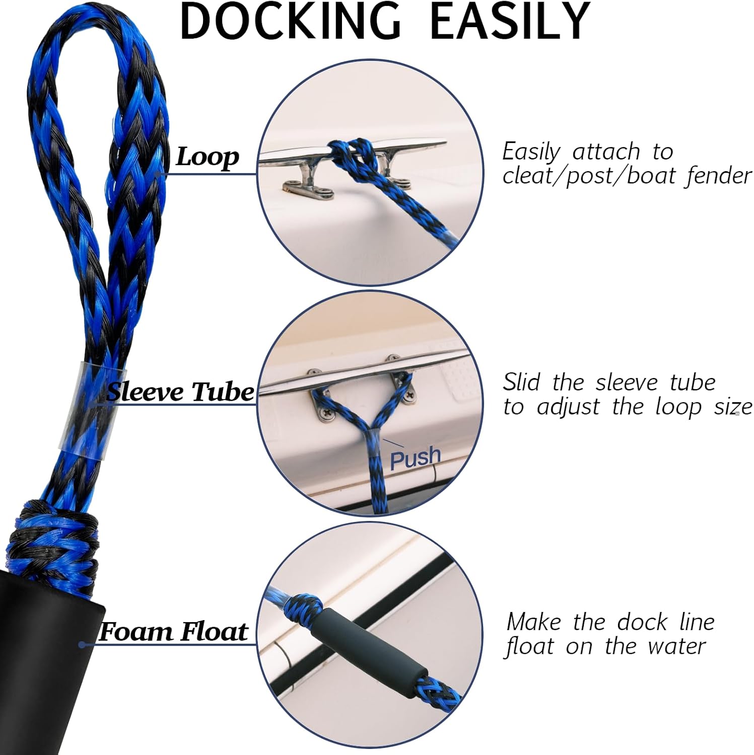 2FT Bungee Dock Line Boat Accessories 2pcs Fender Lines with 316 Stainless Clip for Boat Bumper/Boat Fender for Mooring for Jet Ski, Seadoo, Yamaha (Blue&Black, 2Feet)