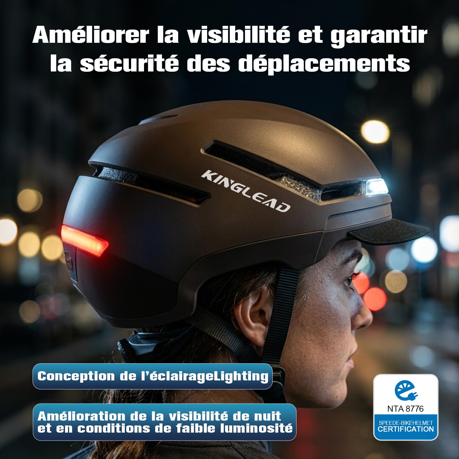 KINGLEAD Casque Velo avec Lumière, Certifié CE et NTA 8776, Télécommande sans Fil, Éclairage Avant/Arrière et Clignotants, Rechargeable USB, Ajustable - Casque Vélo pour Adulte