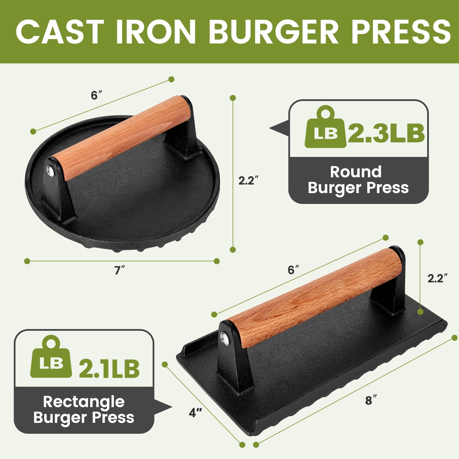 Prensa de hamburguesas 7 prensas redondas de hierro fundido para tocino y prensa rectangular de hierro fundido de 8.3 x 4.3 pulgadas con mango de madera para parrilla Blackstone, ideal para patadas,