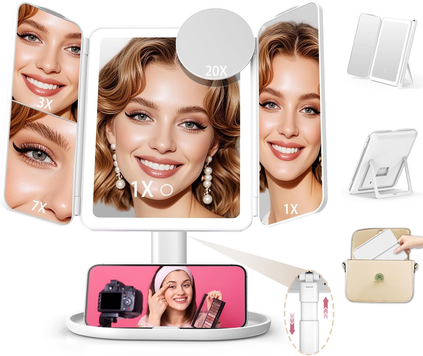 Mocado Makeup Mirror with Lights, 20X/7X/3X Magnifying Mirror with Light,Rechargeable & Height Adjustable Lighted Makeup Mirror,Vanity Mirror with 3 Colors Lights,Detachable Design for Travel(White)