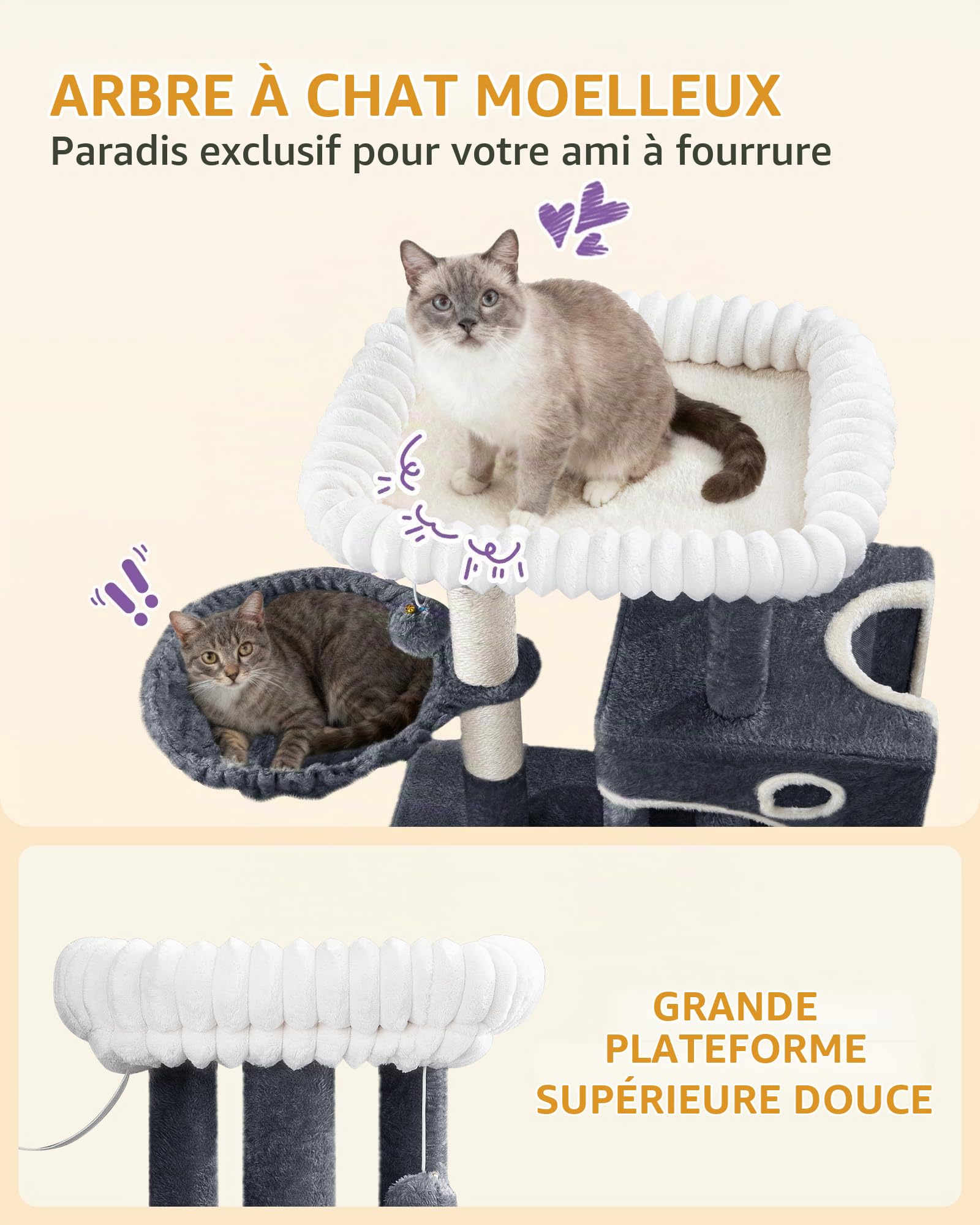 Hzuaneri Arbre a Chat, Petit Arbre à Chat de 113 cm, Spacieux et Stable, avec Grande Plateforme Souple, Pompons, Panier, Griffoir et Planche à Gratter, Gris Foncé MS11318SG