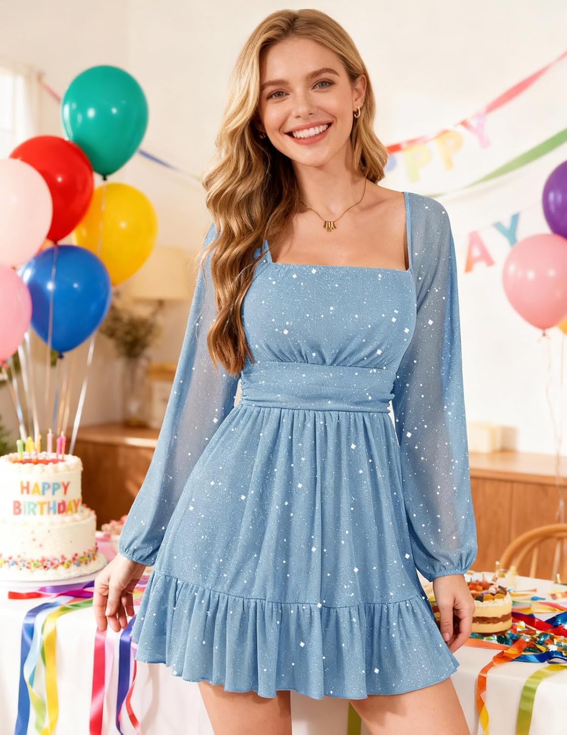 Bridesmay Women's Sparkly Long Sleeve Short Party Dresses 2026 Square Neck Flowy Mini Prom Dress - Image 5