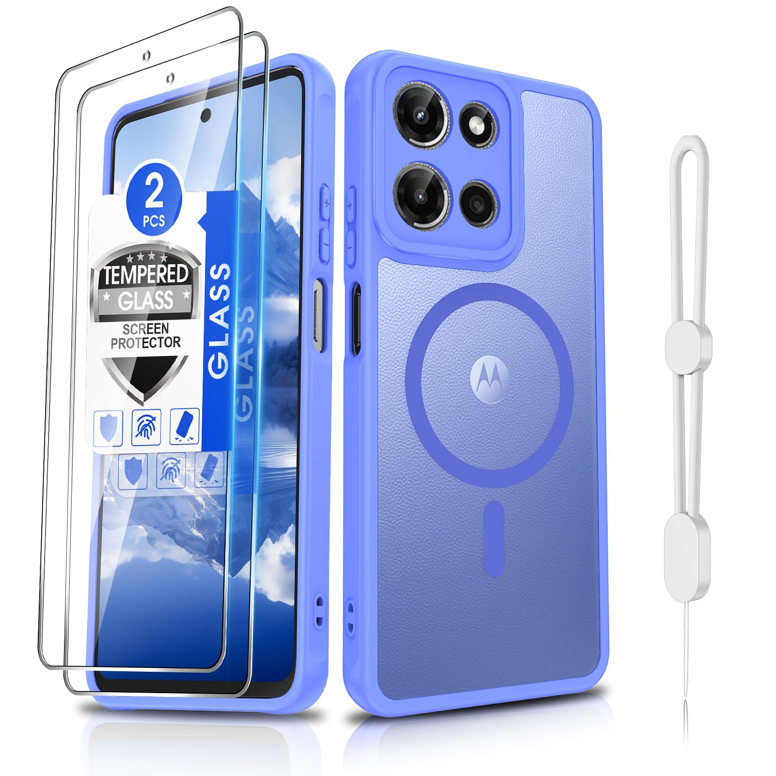 Dizn Magnetic for Moto G 2025/2026 Case, Motorola G Play 2025/2026 Matte Funda,with Tempered Glass Screen Protector,Compatible with MagSafe,with Strap,Shockproof Protective Moto G Play 25/26, Sky Blue