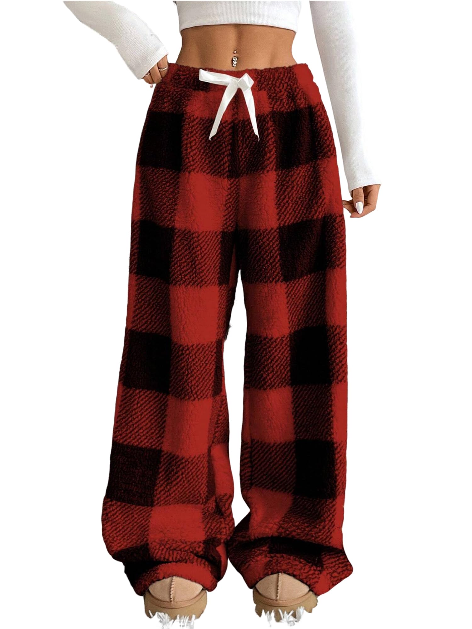 ZAFUL Women's Fuzzy Plush Pajama Pants Wide Leg Pj Bottoms Lounge Pants