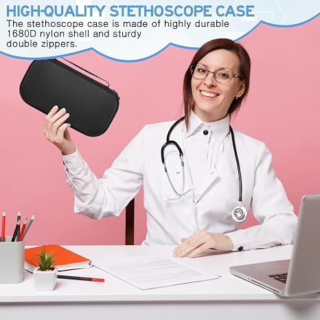Threlaco 1 Pack Digital Stethoscope Case 14.4 * 7.87 * 2.28 Inch Compatible with Digital or Cardiology Stethoscope Large Portable Protective Carrying Case Extra Pocket for Doctor & Nurse(Black)