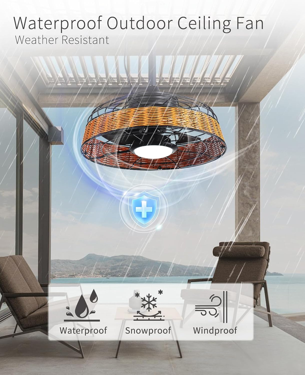 FELCO 20 Inch Outdoor Ceiling Fan with Light and Remote — Waterproof Plug in Caged Gazebo Fan for Outside Patio Pergola Porch, Boho Woven Frame, Reversible Quiet DC Motor, 15W Dimmable LED Lighting