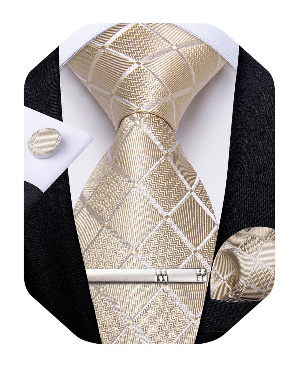 DiBanGu Mens Silk Plaid Tie and Pocket Square Set | Elegant Silk Formal Tie Set, Woven Check Necktie and Cufflinks Tie Clip Set, Perfect for Wedding Party, Comes in Gift Box