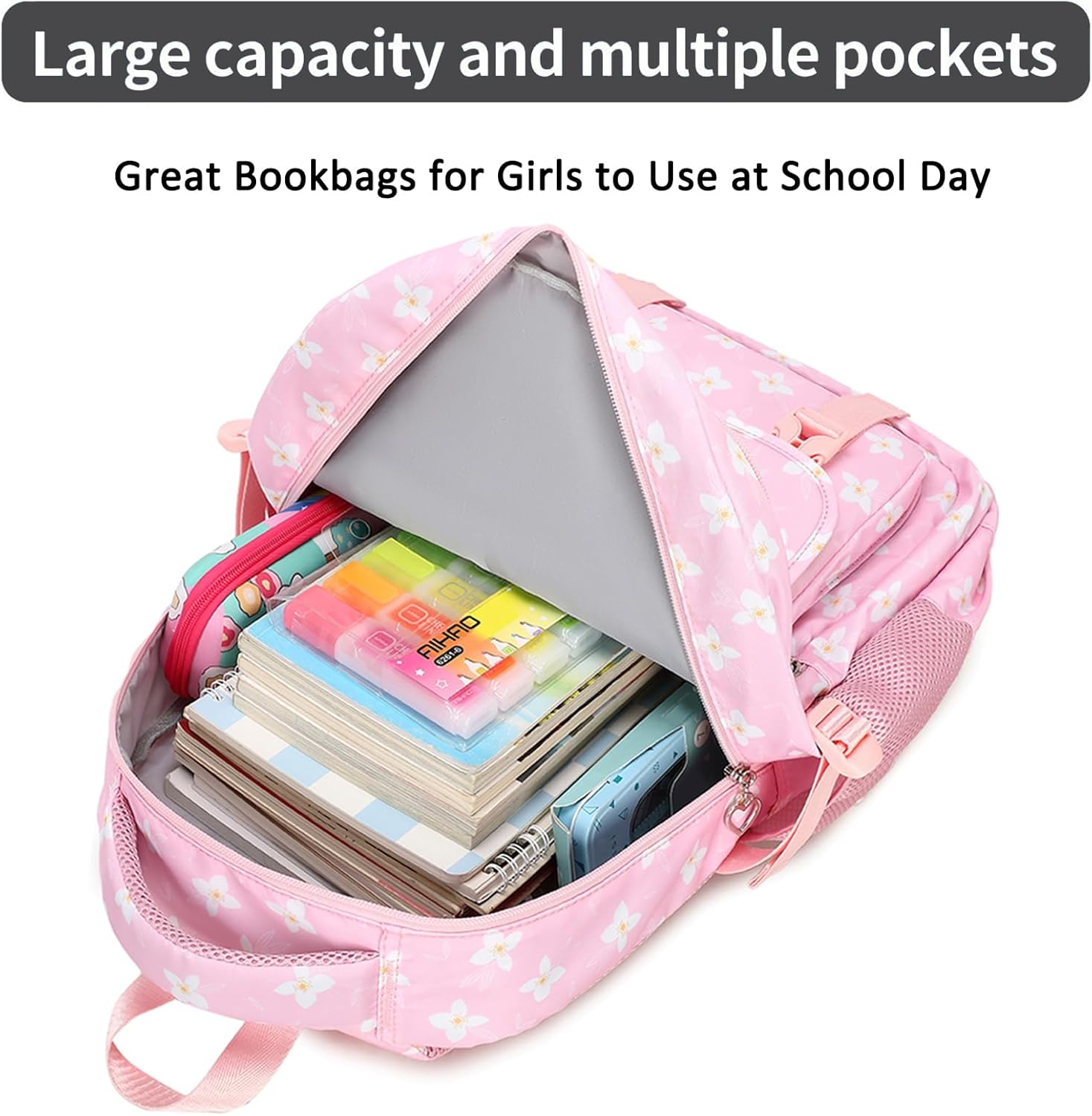 Joyfulife Floral Backpack for Girls Backpack with Lunch Box Kids Backpack Elementary Bookbags Primary Middle School Bags for Teens 3 in 1 School Backpack Set - Image 3