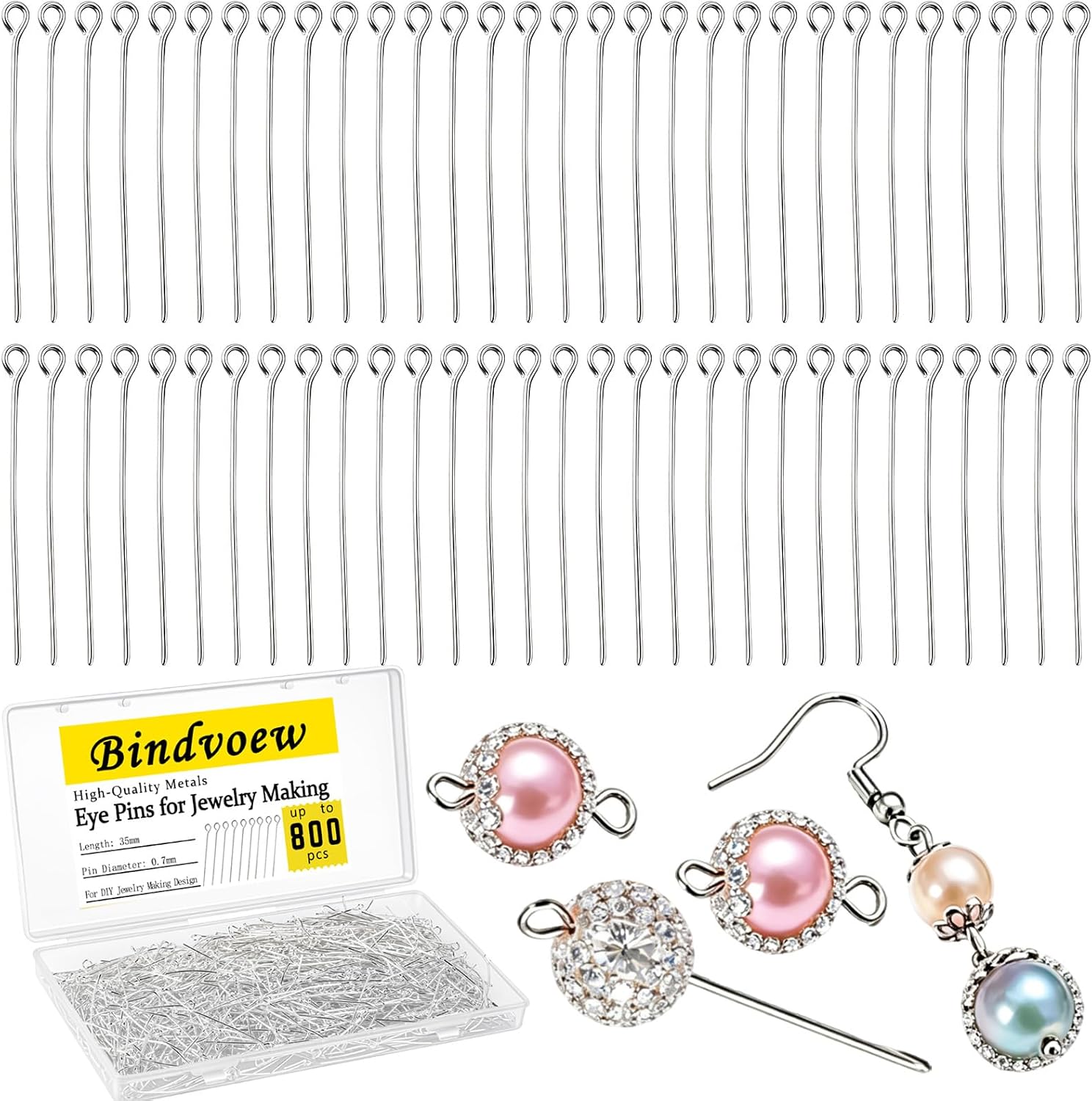 800pcs Open Eye Pins for Jewelry Making,1.4in/35mm Metal Head Pins,Mini Silver Headpins for DIY Craft Bead Earring Pendant Necklace Bracelet Charm Finding with Organizer Box (Silver-800pcs)